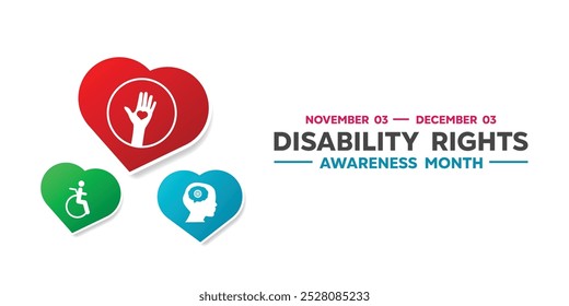 Disability Rights Awareness Month. Heart, hand and more. Great for cards, banners, posters, social media and more. White background.
