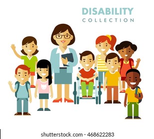 Disability school children friendship concept. Disabled boy in wheelchair together with healthy kids class group and teacher isolated on white background