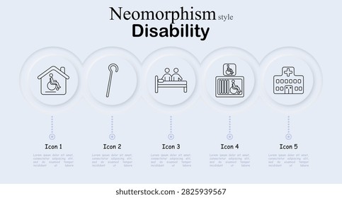 Disability set icon. Accessible housing symbol, mobility walking cane, supportive seating furniture, wheelchair transportation platform, medical facility graphics.