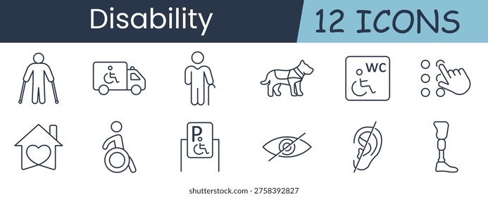 Disability set icon. Crutches, ambulance, cane, guidedog, wc, braille, homecare, wheelchair, parking, blind, deaf, prosthesis, accessibility, support, inclusion, mobility