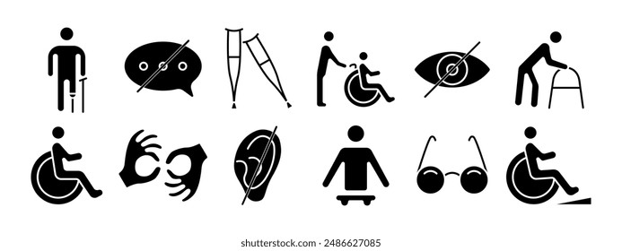 Icono de conjunto de discapacidad. Muletas, burbuja del habla, silla de ruedas, ayudante, discapacidad visual, andador, audífono, lenguaje de señas, miembro protésico, gafas, rampa. Concepto de accesibilidad y Asistencia.