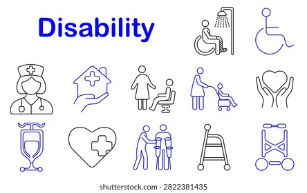Disability set icon. Nurse care, wheelchair shower, rehabilitation support, accessible housing, mobility assistance, walker aid, hospital treatment, inclusive healthcare, medical recovery