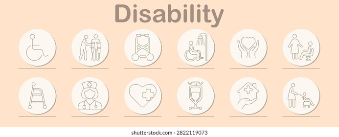 Disability set icon. Wheelchair accessibility, rehabilitation support, mobility equipment, assisted hygiene, healthcare protection, inclusive service, walking frame, nursing specialist