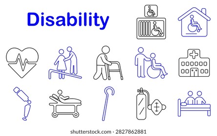 Disability set icon. Wheelchair assistance, hospital access, prosthetic limb, walker support, rehabilitation bed, hearing aid, caregiving service, accessible, inclusive healthcare, elderly mobility