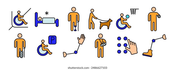 Disability set icon. Wheelchair ramp, bed, crutches, guide dog, wheelchair basketball, prosthetic leg, cast, parking, prosthetic arm, braille, support. Accessibility and assistance concept.