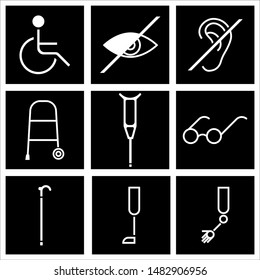  Disability. Set of icons.
Devices to overcome physical limitations in human activity, black and white flat images.