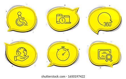 Disability sign. Diploma certificate, save planet chat bubbles. Timer, 360 degrees and Time management line icons set. Deadline management, Full rotation, Laptop device. Disabled person. Vector