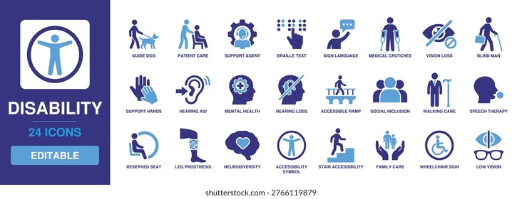 Disability solid vector glyph icon set including guide dog, sign language, braille text, hearing aid, wheelchair sign, accessible ramp, leg prosthesis, and mental health awareness symbols.