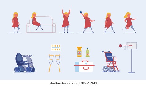 Disability and Special Needs Child Cartoon Characters Set with Medical Equipment and Wheelchair. Handicapped Children Medical Assistance and Rehabilitation. Flat Vector Isolated Illustrations Bundle.