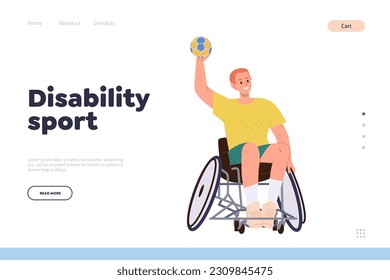 Disability sport landing page template with portrait of sportsman in wheelchair playing volleyball
