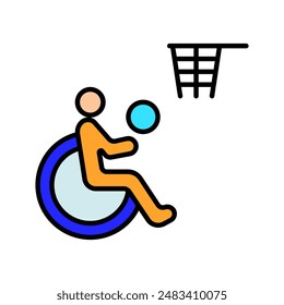 Disability sport line icon. Person in wheelchair, accessibility, reserved parking, mobility aid, inclusive, Paralympics, handicap spot, support, special needs.