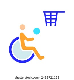 Disability sport line icon. Person in wheelchair, accessibility, reserved parking, mobility aid, inclusive, Paralympics, handicap spot, support, special needs.