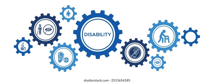 Concepto de Vector de Anuncio de Asistencia de discapacidad con iconos para discapacitados, ciegos, amputados, sordomudos y caminantes para asistencia