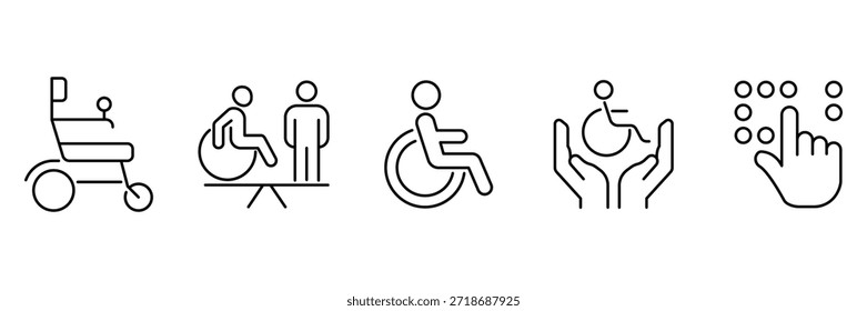 Behindertenhilfe-Symbolsatz, Mobilitätshilfe für Rollstuhlfahrer, barrierefreier Kommunikationsdienst, Pflegehandschuhe für Inklusion, Barrierefreiheit der Braille-Schnittstelle, Illustration.