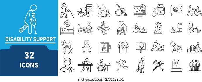 Suporte a deficiência linha arte ícones conjunto .Contém ícone relacionado a cadeira de rodas, desenvolvimento físico e mental, e muito mais. Traço editável. ilustração linear fina.