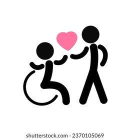 Disability support logo. Disabled person in a wheelchair. Pink heart. Vector illustration on a white background.
