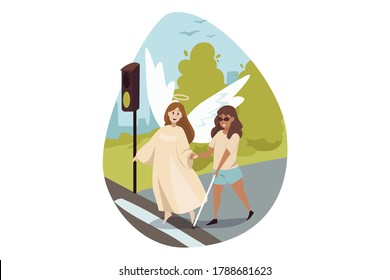 Disability, support, religion, christianity concept. Angel biblical religious character helps young happy african american blind handicapped disabled woman pedestrian crossing road. Divine protection.