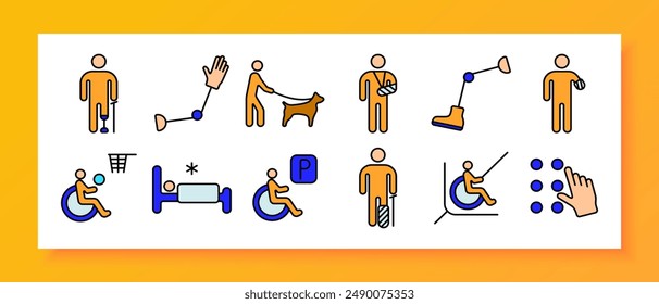 Disability support set icon. Prosthetic limb, guide dog, sign language, braille, accessibility, wheelchair basketball, handicap parking, rehabilitation.