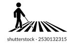 Disability symbol. Blind man sign, with guide dog and walking stick. Blind people with cane icon. Pedestrian icon. White stick day pictogram. White cane safety day, celebration on 15 October.
