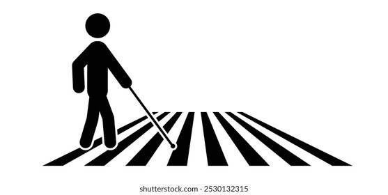 Disability symbol. Blind man sign, with guide dog and walking stick. Blind people with cane icon. Pedestrian icon. White stick day pictogram. White cane safety day, celebration on 15 October.