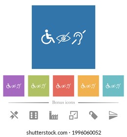 Disability symbols flat white icons in square backgrounds. 6 bonus icons included.