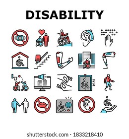 Disability Technology Collection Icons Set Vector. Wheelchair And Elevator, Arm And Leg Prosthesis Equipment For Human With Disability Concept Linear Pictograms. Color Contour Illustrations