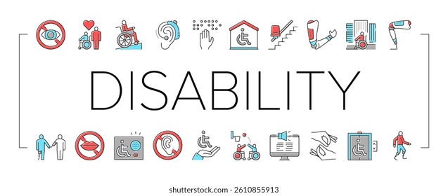 Disability Technology Collection Icons Set Vector. Wheelchair And Elevator, Arm And Leg Prosthesis Equipment For Human With Disability Concept Linear Pictograms. Color Contour Illustrations