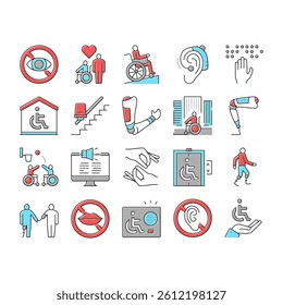 Disability Technology Collection Icons Set Vector. Wheelchair And Elevator, Arm And Leg Prosthesis Equipment For Human With Disability Concept Linear Pictograms. Color Contour Illustrations