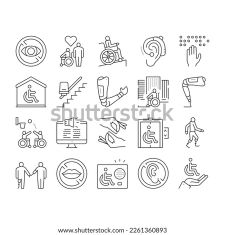 Disability Technology Collection Icons Set Vector. Wheelchair And Elevator, Arm And Leg Prosthesis Equipment For Human With Disability Black Contour Illustrations