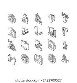Disability Technology Collection isometric icons set. Wheelchair And Elevator, Arm And Leg Prosthesis Equipment For Human With Disability Concept Linear Pictograms. Color Contour .