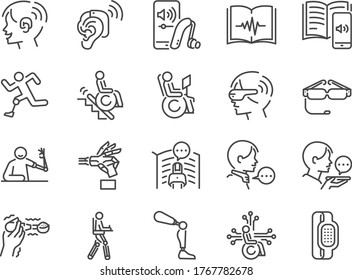 Disability with technology line icon set. Included the icons as assistive device, assistive technologies, adaptive technology, Disabled, cripple, blind, deaf, dumb and more.