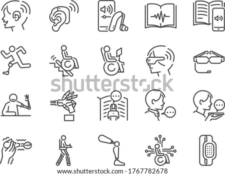 Disability with technology line icon set. Included the icons as assistive device, assistive technologies, adaptive technology, Disabled, cripple, blind, deaf and more.