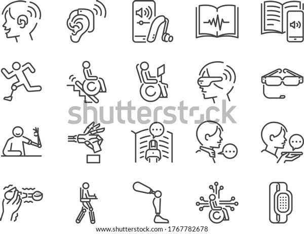 Disability with technology\
line icon set. Included the icons as assistive device, assistive\
technologies, adaptive technology, Disabled, cripple, blind, deaf\
and more.