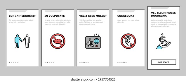 Disability Technology Onboarding Mobile App Page Screen Vector. Wheelchair And Elevator, Arm And Leg Prosthesis Equipment For Human With Disability Illustrations