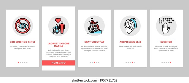Disability Technology Onboarding Mobile App Page Screen Vector. Wheelchair And Elevator, Arm And Leg Prosthesis Equipment For Human With Disability Illustrations