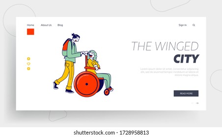 Disability and Travel Landing Page Template. Man Push Disabled Woman Sitting in Wheelchair Hurry to Plane Boarding. Boyfriend and Handicapped Girlfriend Characters. Linear People Vector Illustration