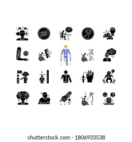 Disability types black glyph icons set on white space. Blindness and deafness. Developmental delay form dyslexia. Mental problem. Leg and hand amputee. Silhouette symbols. Vector isolated illustration