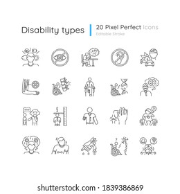 Disability types linear icons set. Blindness and deafness. Developmental delay form dyslexia. Customizable thin line contour symbols. Isolated vector outline illustrations. Editable stroke