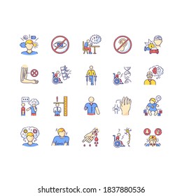 Disability types RGB color icons set. Blindness and deafness. Developmental delay form dyslexia. Mental problem. Dwarfism, sensory hypersensitivity. Leg and hand amputee. Isolated vector illustrations