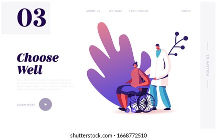 Disability, Varicose Problem, Recovery after Surgery Landing Page Template. Doctor Character Pushing Wheelchair with Woman Having Vein Thrombosis or Paralized Feet. Cartoon People Vector Illustration