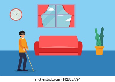 Disability vector concept: Blind man walking with a stick to touch the floor surface at home