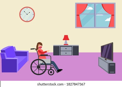 Disability vector concept: Disabled woman wearing a face mask and sitting on wheelchair while watching TV at home during quarantine caused by coronavirus outbreak