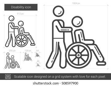 Icono de línea vectorial de discapacidad aislado en fondo blanco. Icono de línea de discapacidad para infografía, sitio web o aplicación. Icono escalable diseñado en un sistema de cuadrícula.