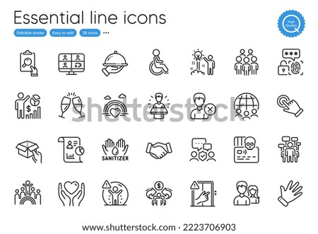 Disability, Video conference and Touchscreen gesture line icons. Collection of Lgbt, Global business, Handshake icons. Cyber attack, Teamwork, Hand sanitizer web elements. Hand, Inspect. Vector