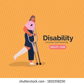 disability woman cartoon with leg cast and crutches of Inclusion diversity and health care theme Vector illustration