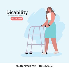 disability woman cartoon on wheelchair of Inclusion diversity and health care theme Vector illustration