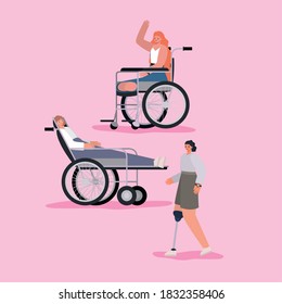 disability women cartoons with wheelchair and prosthesis of Inclusion diversity and health care theme Vector illustration