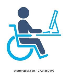 Ícone de trabalho de deficiência vetor plano azul design cadeira de rodas símbolo do usuário acessibilidade computador escritório inclusão gráfico sinal de elemento