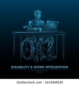 Disability and work integration low poly wireframe banner vector template. Disabled people career opportunities poster polygonal design. Handicapped freelancer 3d mesh art with connected dots