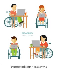 Disability worker people set. Young disabled man and woman in wheelchair work with computer isolated on white background